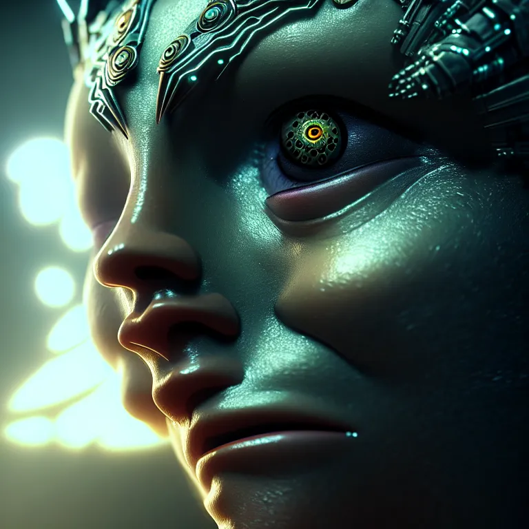 Image similar to ultra realistic beautiful cyborg deity eyes closed, fantasy, intricate details, movie still, highly detailed, photorealistic, octane render, eerie, 8k, art by raphael and michael welan