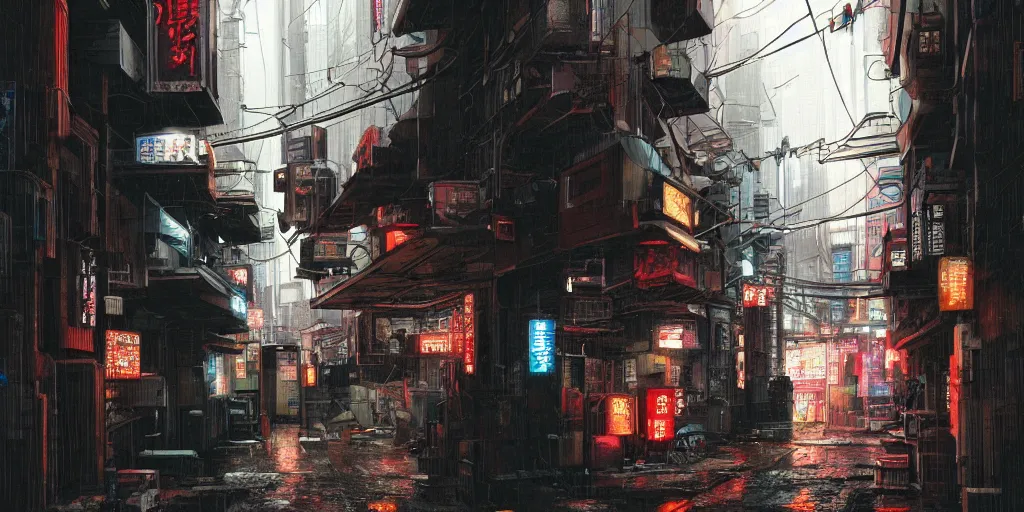 Image similar to Cyberpunk back alley with minimal number of neon lighting on a rainy day in Japan, low angle view, detailed matte painting, cinematic, Moebius, Artstation