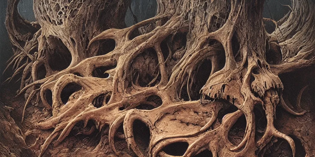 Image similar to tiny scorpions crawling through the cavities of a large moose skull, Zdzislaw Beksinski, Wayne Barlowe, gothic, cosmic horror, dystopian, biomorphic, lovecraftian grotesque, amazing details, cold hue's