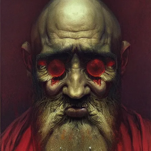 Prompt: Angry Bearded Miner portrait, dark fantasy, red and gold, artstation, painted by Zdzisław Beksiński and Wayne Barlowe