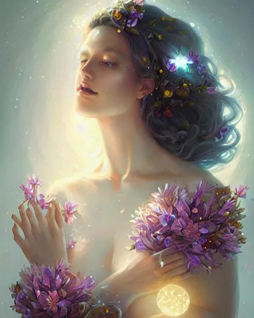 Prompt: Woman covered in crystalline gems and flowers, radiant light, onyx flora, by artgerm, wlop, peter mohrbacher