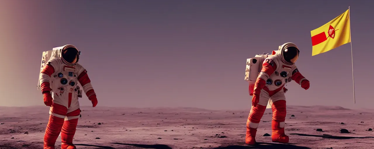 Prompt: an cosmonaut in red on white on yellow costume holding vietnam flag, standing on the moon spaceship in the background, wide angle cinematic composition, concept art by greg rutkowski, octane render