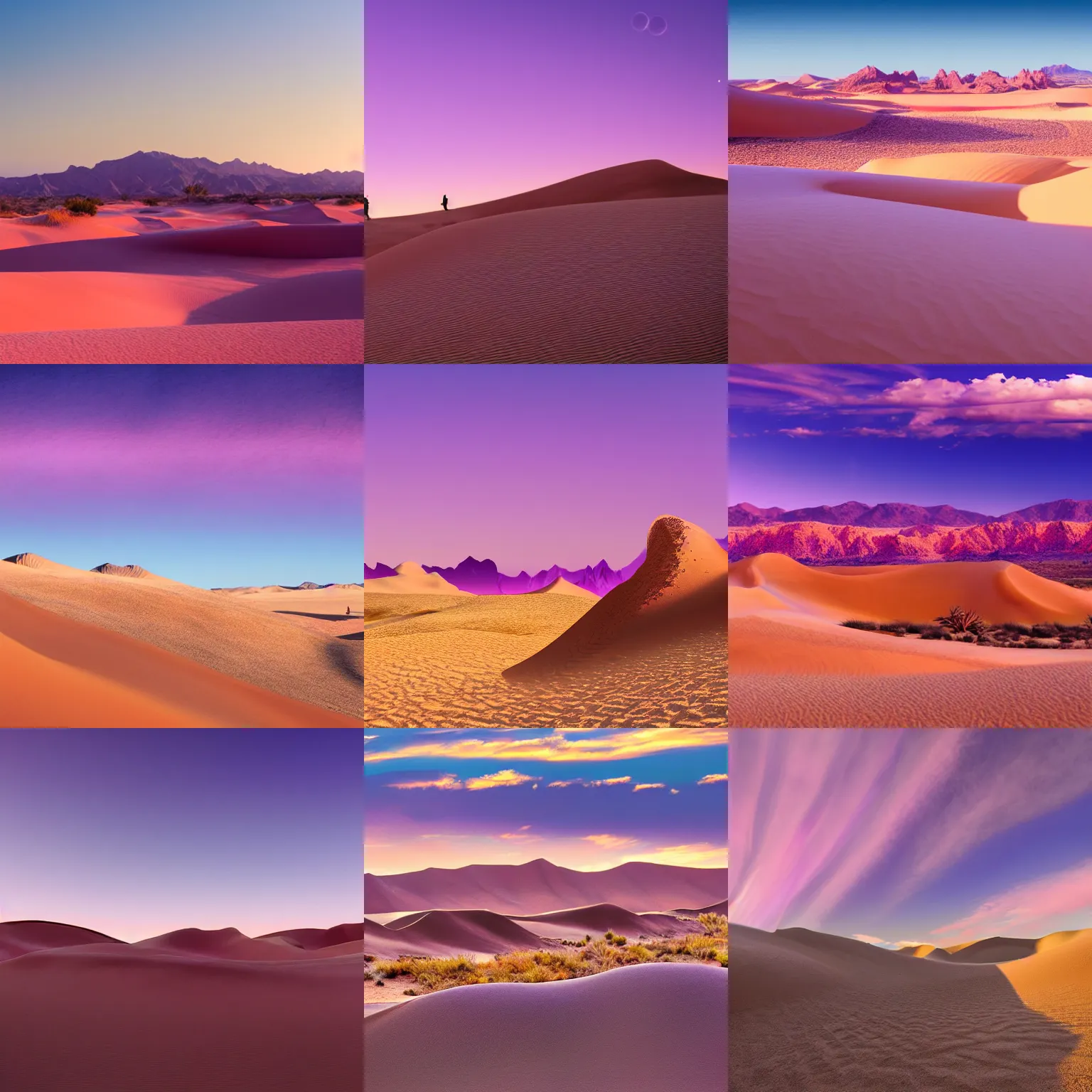 Prompt: desert dunes with crystal mountains on the background, pink and purple, artistic, fantasy landscape, dramatic light, highly detailed, wide shot, photorealistic, golden hour, oasis infront, super wide shot, Camels with people