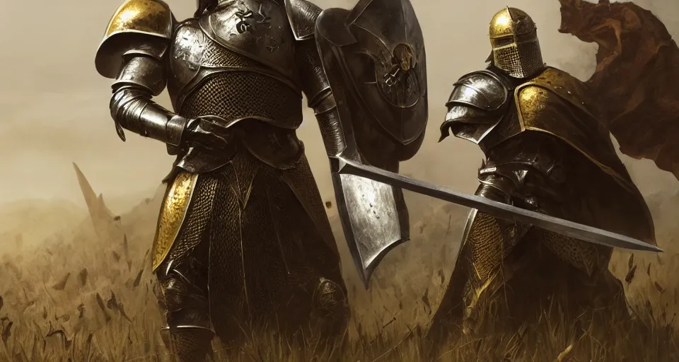 Prompt: render of a knight with a skull helmet, wearing a golden set of armor standing strong in the middle of a battlefield, hyper realistic, unreal, craig mullins, alex boyd, lord of the rings, game of thrones, dark souls, artstation, cinematic action shot, warhammer