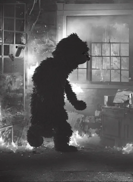 Prompt: elmo is looking around at all the damage he's caused. a sesame street noir scene. fires burn.