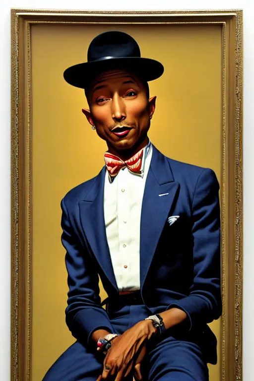 Image similar to pharrell williams by gil elvgren and norman rockwell and rob gonsalves and hajime sorayama, hyperrealistic, high detail, ultra detailed, highly detailed face, ruffled fabric