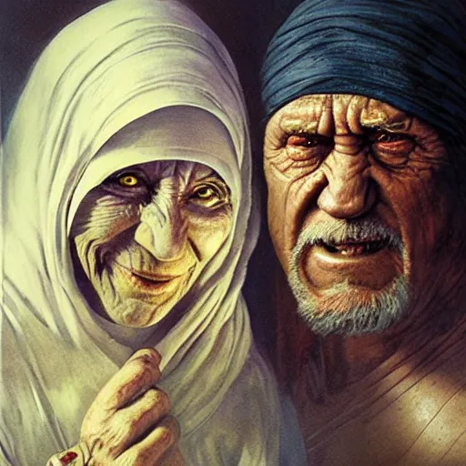 Image similar to a hyper realistic painting of mother theresa and hulk hogan, by greg rutkowski and santiago caruso,