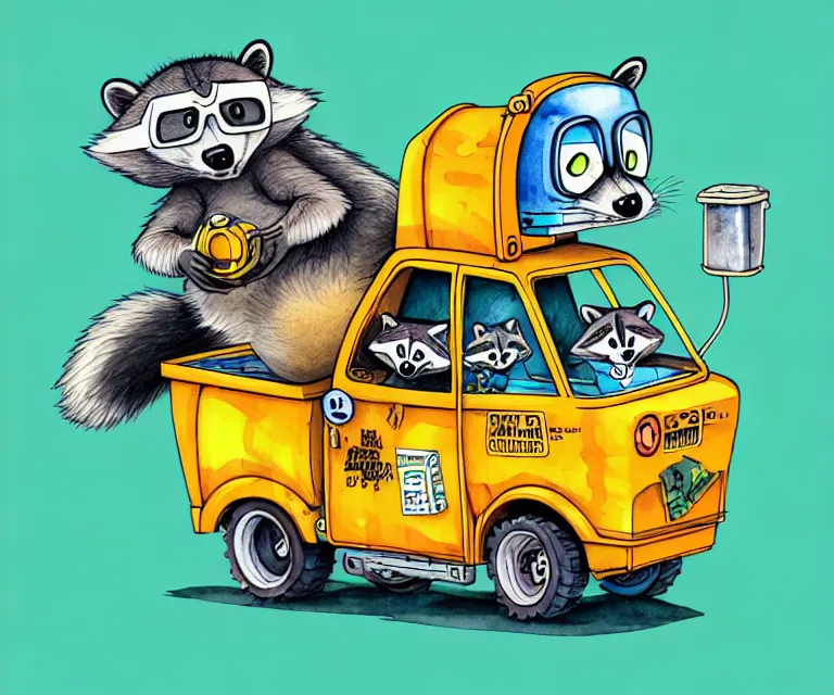 Image similar to cute and funny, racoon wearing goggles driving a tiny garbage truck, ratfink style by ed roth, centered award winning watercolor pen illustration, isometric illustration by chihiro iwasaki, edited by craola, tiny details by artgerm and watercolor girl, symmetrically isometrically centered