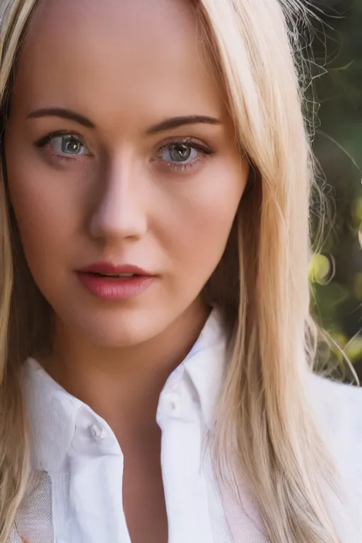 Image similar to 2 4 year old professional blonde female wearing white blouse, portrait, neck zoomed in, photo realistic, slr, golden hour, 4 k, high definition, selfie