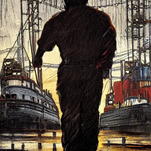 Image similar to A strong Glaswegian welder walks out of the shipyards, in the style of Peter Howson,