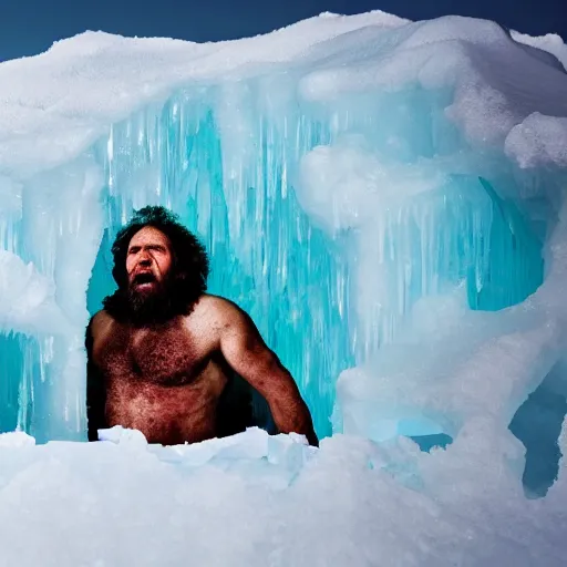 Prompt: recently discovered frozen solid caveman encased in a huge block of ice. national geographic. contest winning. trapped, stuck, fixed, immobile, surrounded, snowy