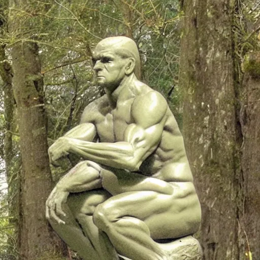 Image similar to scratch sketch of The thinker sculpture in the style of William Bartram with mushrooms at the base , placed in a lush forest