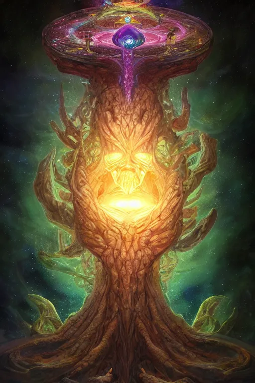Image similar to yggdrasil as an enormous sentient deity of the stars made of exotic matter, in hyperbolic space, a dnd illustration of an esoteric concept by cgsociety and james gurney, artstation, hdr, rtx, iridescent