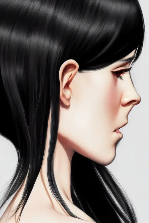 Prompt: sideview of a beautiful black haired pale woman, by artgerm, by studio trigger, by wlop, realistic, soft light, warm colors