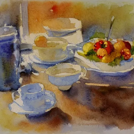 Prompt: impressionism watercolor painting of a large breakfast