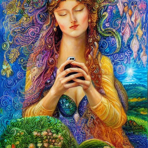 Image similar to a nature goddess checking her cell phone by josephine wall, acrylic on canvas, intricately detailed