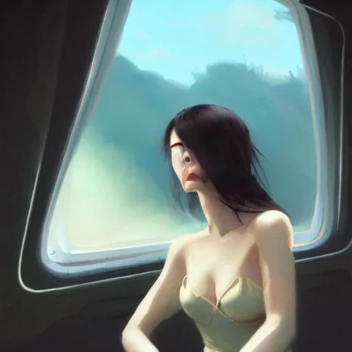 Image similar to a beautiful dark - haired girl smoking while looking out of an aeroplane window highly detailed, digital painting, artstation, concept art, sharp focus, illustration, art by wlop, mars ravelo and greg rutkowski hq