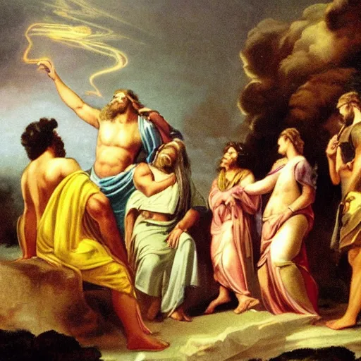 Prompt: the god Zeus teaching class passing gas on a cloud