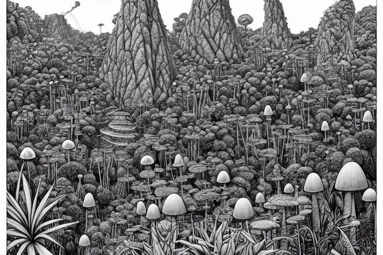 Prompt: surreal line art by ricardo bofill!!, a lot of jungle flowers and plants + poison toxic mushrooms surrounded by cables + long grass + garden dwarf + big stone!!! + mystic fog, 5 0's vintage sci - fi style, rule of third!!!!, line art, 8 k, super detailed, high quality, top view