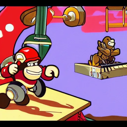 Image similar to Donkey Kong fighting with a robot, in the style of studio ghibli