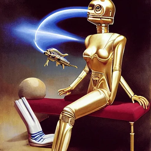 Image similar to a reclining c3po with a smiling female human face by Gil Elvgren, holding a smoking ray-gun, full body