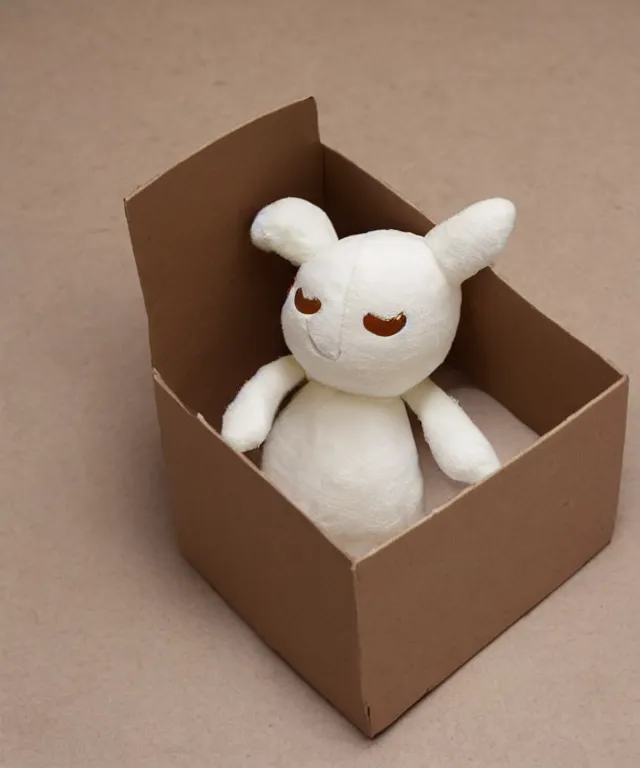 Image similar to a plushie in a cardboard box