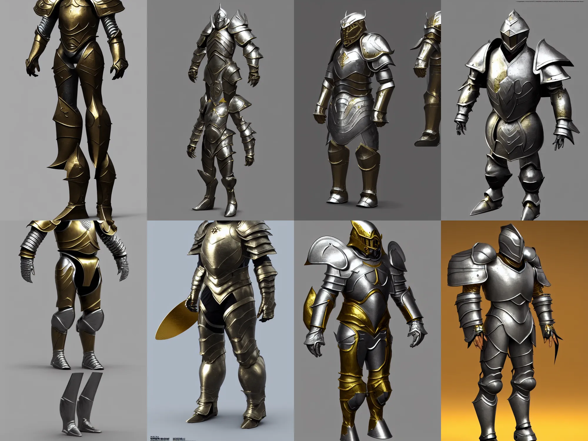 Prompt: render of awesome bulky armor, silver with gold trim, medieval fantasy, extremely clean, flat shading, exaggerated proportions, trending on Artstation, heroic fantasy character concept, HD Octane render, 8k