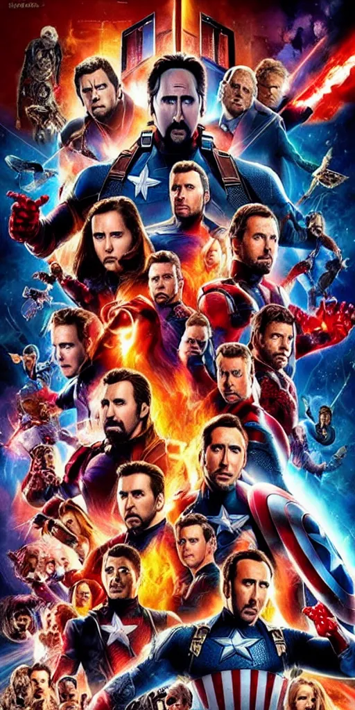 Image similar to a movie poster for a marvel movie but every face is nicolas cage