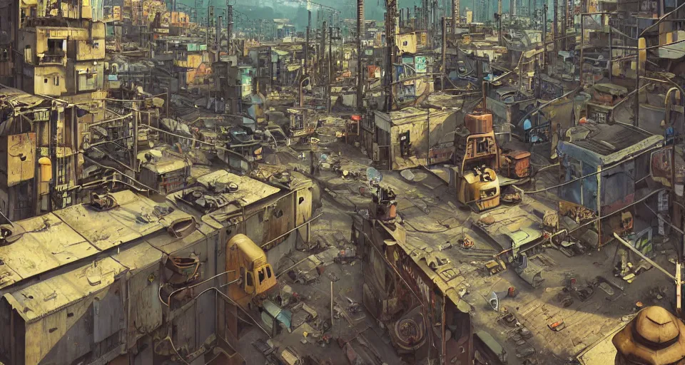 Image similar to a industrial STEAMPUNK CITY Street scenery in the FAVELAS, signs, billboards and cable Connecting MULTI LVL BUILDINGS, rendered by simon stålenhag, rendered by Beeple, Makoto Shinkai, syd meade, environment concept, digital art, starwars, Gundam Style, unreal engine, 3 point perspective, WLOP, trending on artstation, low level, 4K UHD image, octane render,