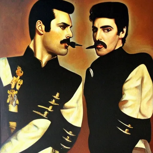 Image similar to freddie mercury and elvis painted by diego de velazquez