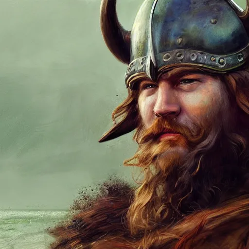 Image similar to photorealistic painting of Viking captain, helmet with horns, red long beard, long dark blonde curly hairs, green eyes Viking armor, background rough sea, elegant, painting, style of ruan jia, trending on artwork station, digital painting, sharp focus