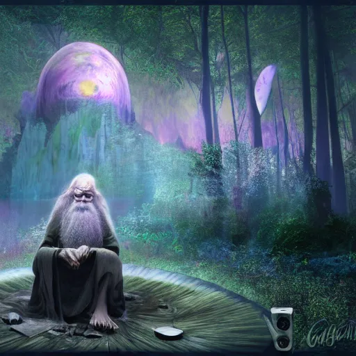Image similar to an epic image of gandalph the grey, taking lsd and waiting for psychedelic trip, background magic psycheeelic forest, acis colors, digital art, artstation, unreal engine