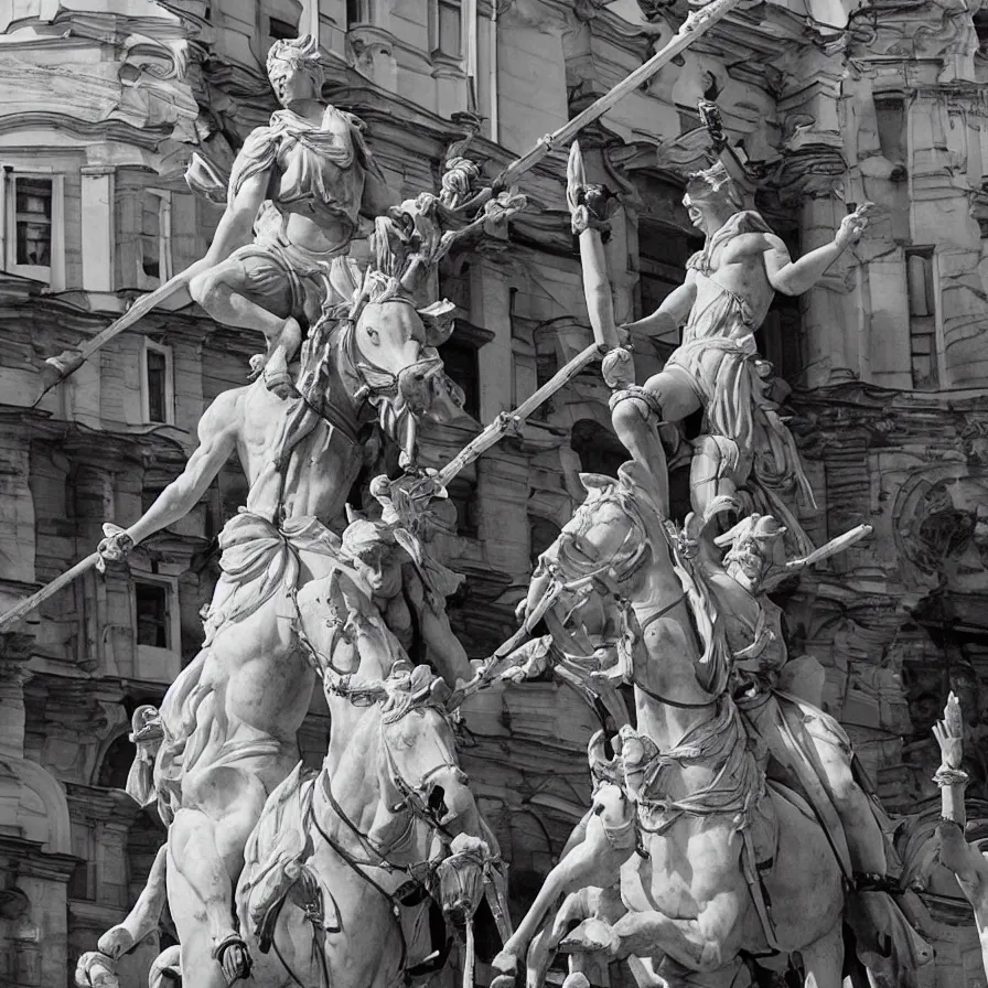 Image similar to “marble statue zelensky triumphant on horse sword in Moscow”