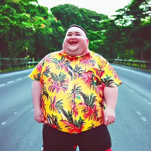 Image similar to happy fat man in a hawaiian shirt and roller skates