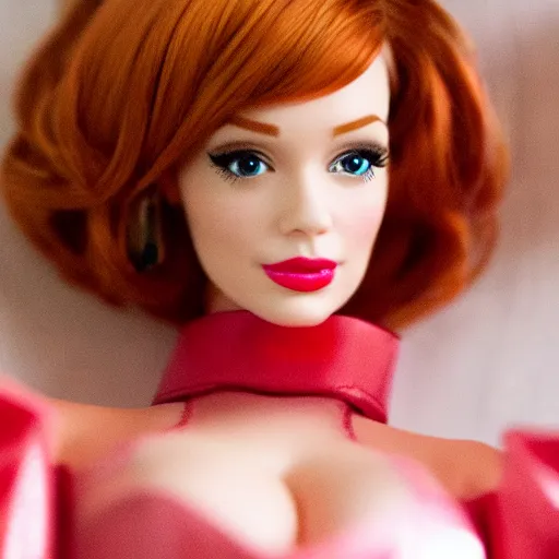 Image similar to amazing beautiful Christina Hendricks barbie doll wearing leather in the living room, film still from the movie directed by Denis Villeneuve , wide lens