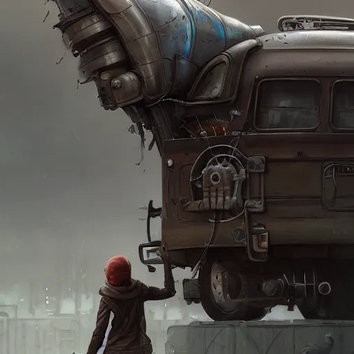 Image similar to a highly detailed epic cinematic concept art CG render digital painting artwork: the back of a steampunk truck in motion. girl in grey hoodie holds onto the back door of the truck. By Greg Rutkowski, Ilya Kuvshinov, WLOP, Stanley Artgerm Lau, Ruan Jia and Fenghua Zhong, trending on ArtStation, made in Maya, Blender and Photoshop, octane render, excellent composition, cinematic atmosphere, dynamic dramatic cinematic lighting, aesthetic, very inspirational, arthouse