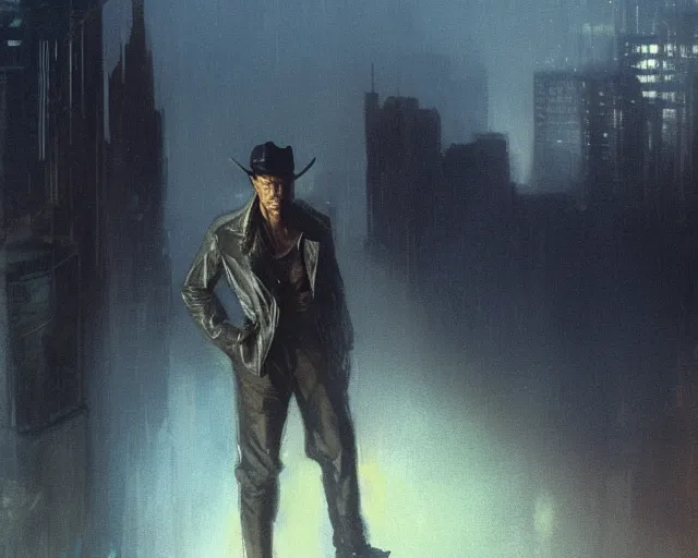 Image similar to 2 0 1 8 blade runner movie very very young clint eastwood in his youth western look at the cityscape from roof perfect face fine realistic face pretty face reflective polymer suit tight neon puffy jacket blue futuristic sci - fi elegant by denis villeneuve tom anders zorn hans dragan bibin thoma greg rutkowski ismail inceoglu illustrated sand storm alphonse mucha