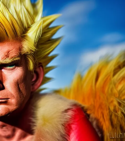 Image similar to award winning 5 5 mm close up portrait color photo of super saiyan trump, in a park by luis royo. soft light. sony a 7 r iv