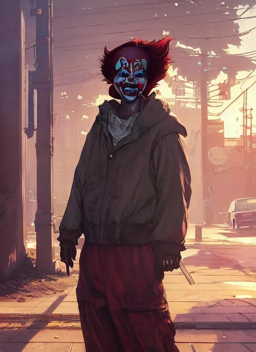 Prompt: Highly detailed full-body portrait of homeless Pennywise, in GTA V, Stephen Bliss, unreal engine, fantasy art by Greg Rutkowski, Loish, Rhads, Makoto Shinkai and Lois van baarle, ilya kuvshinov, rossdraws, Tom Bagshaw, global illumination, radiant light, detailed and intricate environment