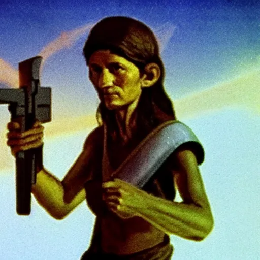 Image similar to photograph of a neolithic person holding a plasma rifle