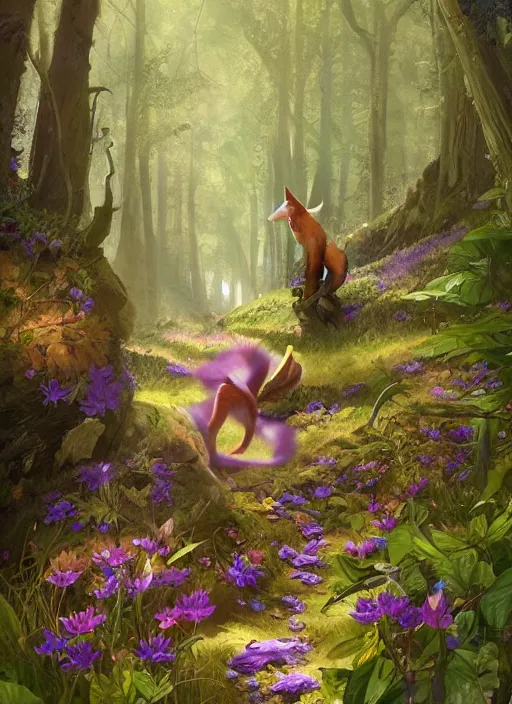 Image similar to Magical fox, sneaking in a forest, fantasy, painting, violet flowers, illustration, high quality, highly detailed, Marc Simonetti, Andreeva Katerina