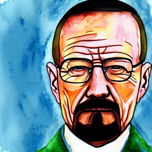 Image similar to a watercolor style paintin of walter white, blue background.