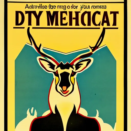 Image similar to propaganda Poster of a symmetric mechanical deer