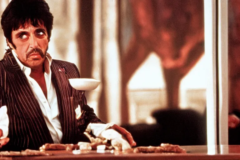 Image similar to tony montana from movie scarface 1 9 8 3 sitting at a big black oak table with big packages of flour. next to the night window. al pacino. perfect symmetric face, coherent eyes,, fine details, 4 k, ron cobb, cinestill