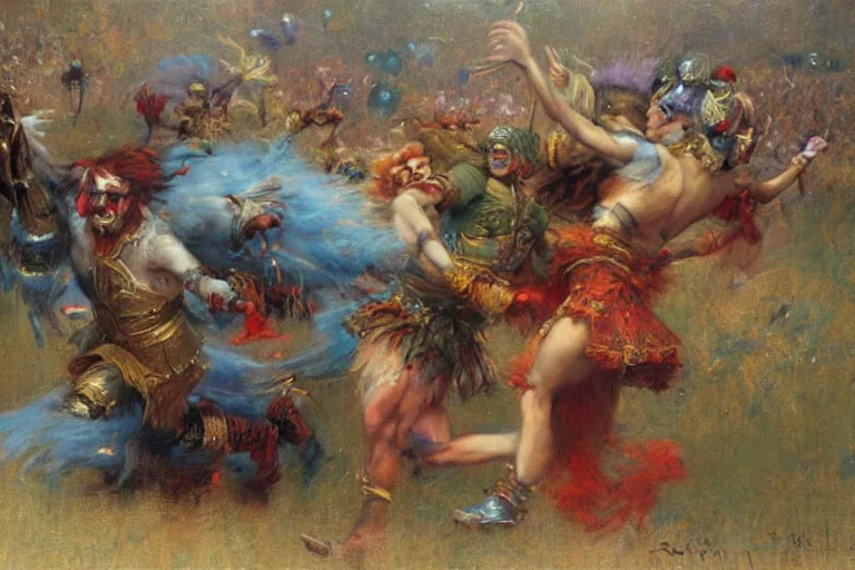 Prompt: war of the clowns. art by gaston bussiere.