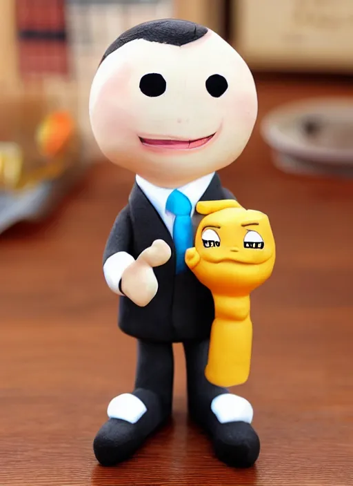 Image similar to money cartoon character with suit, 3 d clay figure, kawaii