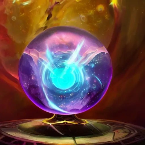 Prompt: league of legends, kai'sa looking at a galaxy in a crystal ball, realistic