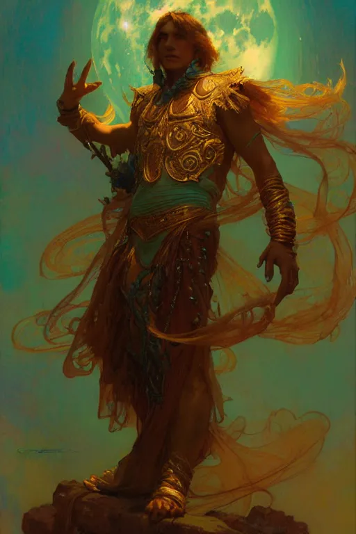 Image similar to pearlescent turquoise moon sorcerer, male character design, painting by gaston bussiere, craig mullins, greg rutkowski, alphonse mucha, trending on artstation