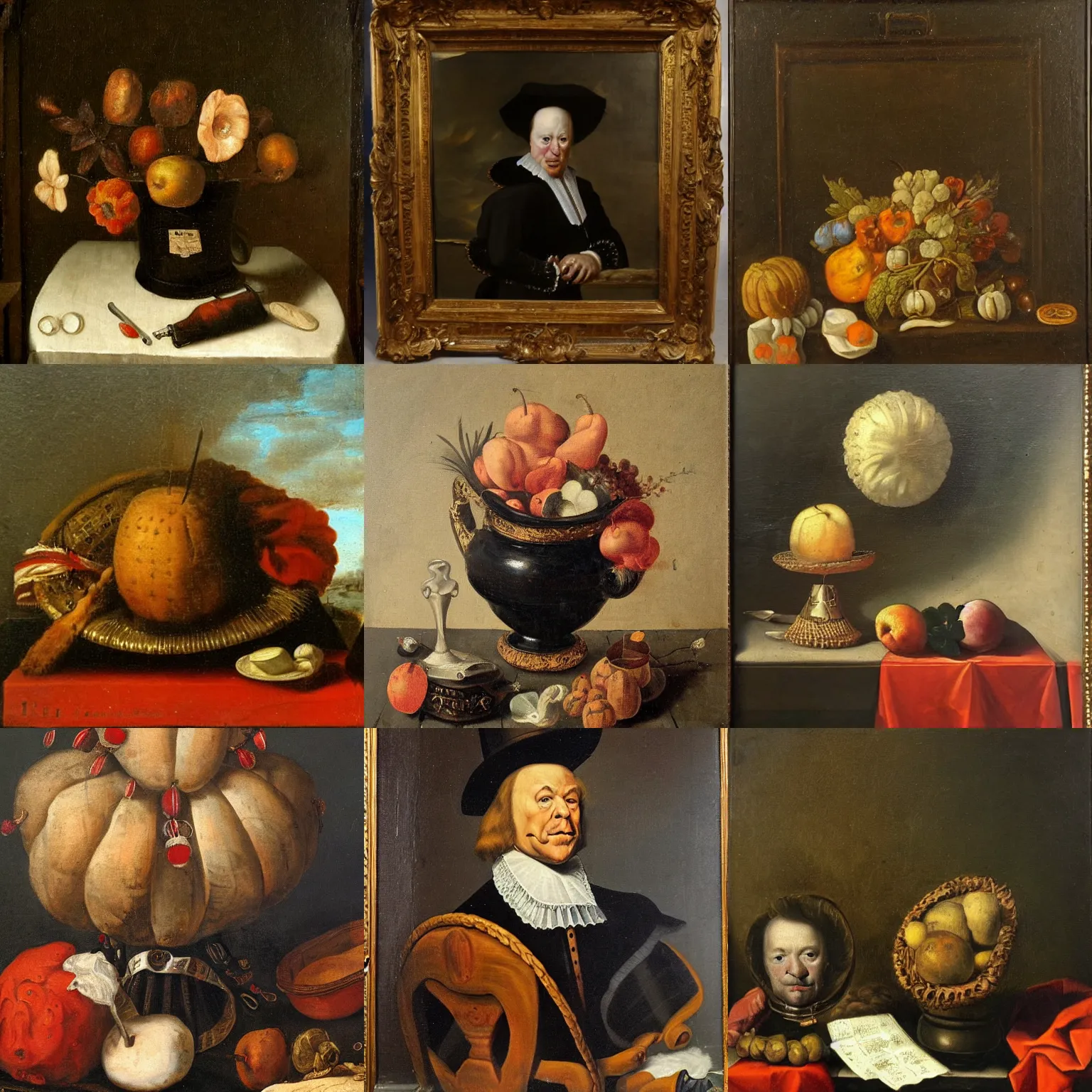 Prompt: Dutch Still Life from the 1600s, old oil painting: Donald Trump