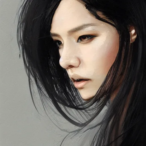 Image similar to Portrait of a woman by Greg Rutkowski, she is about 30 years old, mixture between korean, indian and arabian, pretty, black straigh hair with bangs, attractive, tall and slim, she is wearing beigen and black utilitarian jumpsuit, highly detailed portrait, scifi, digital painting, artstation, concept art, smooth, sharp foccus ilustration, Artstation HQ